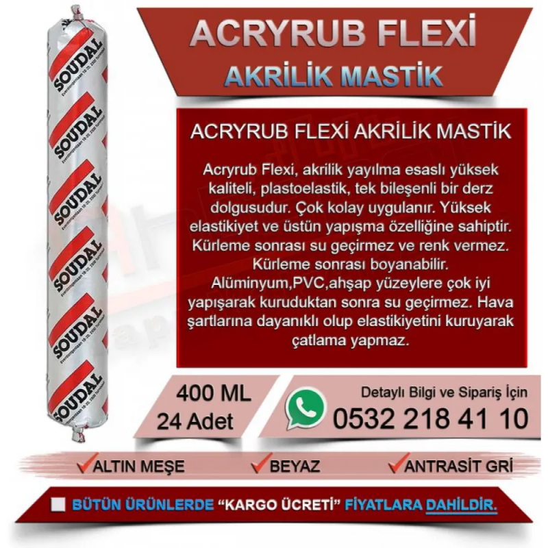 SOUDAL Acryrub Flexi Silikonize Mastik (Altınmeşe, 400ml, 24 Adet)