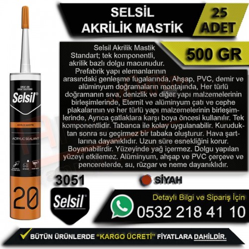Selsil Akrilik Mastik 500 Gr Siyah (25 Adet)
