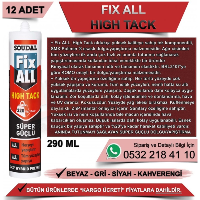 SOUDAL Fix All High Tack Çok Amaçlı Güçlü Yapıştırıcı Beyaz 290ml (12 Adet)