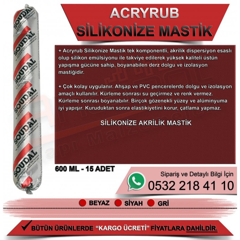 SOUDAL Acryrub Silikonize Mastik (Beyaz, 600ml Sosis, 15 Adet)