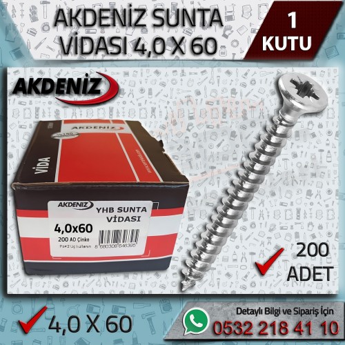AKDENİZ Sunta Vidası (4x60 mm, 200 Adet)