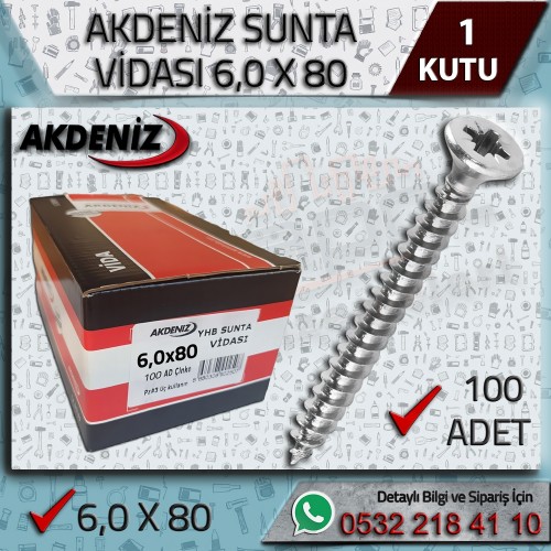 AKDENİZ Sunta Vidası (6x80 mm, 100 Adet)