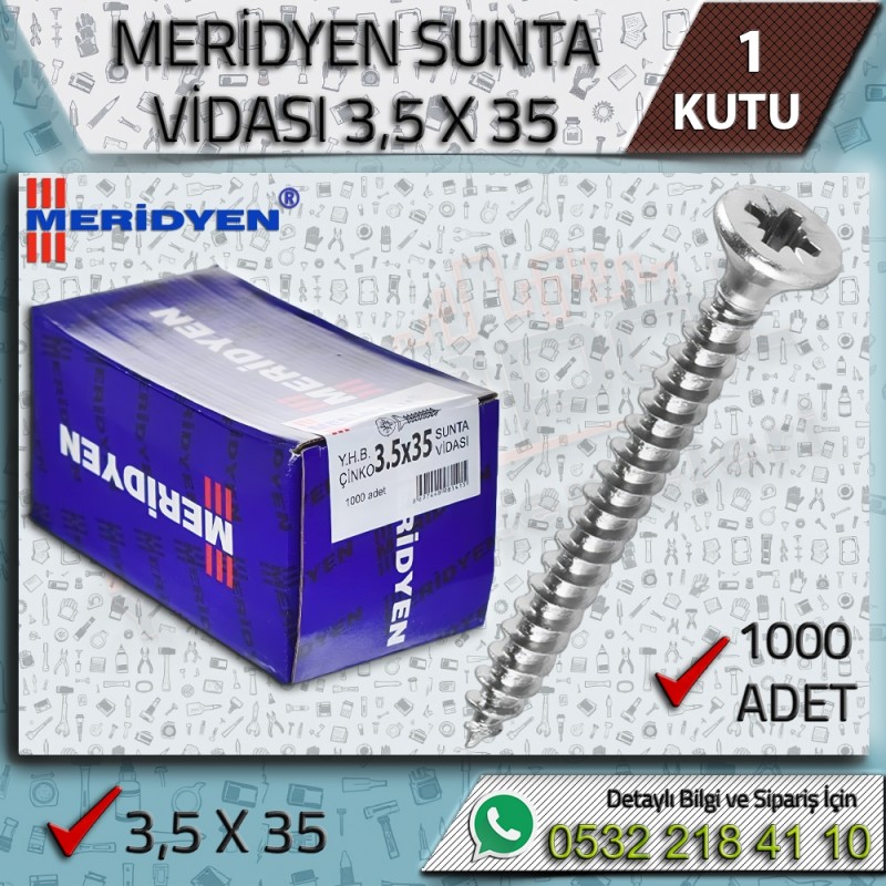 Meridyen marka 3,5x35 ölçülerinde uzun ahşap ve sunta vidası 1000'li ekonomik paket
