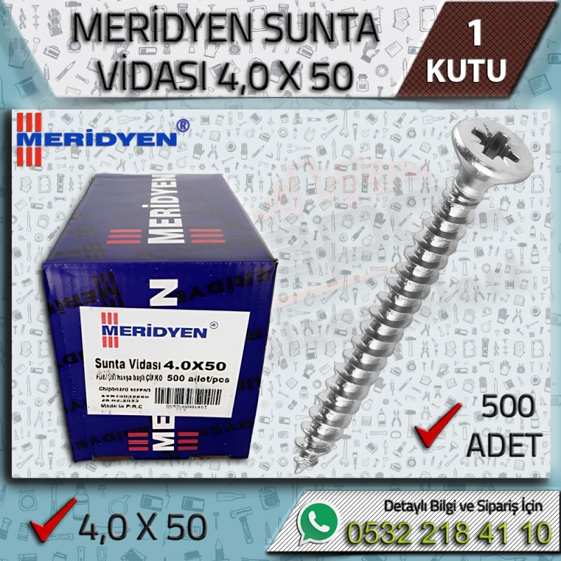 Meridyen marka 4,0x50 ölçülerinde ekstra uzun ahşap ve sunta vidası 500'lü ekonomik paket