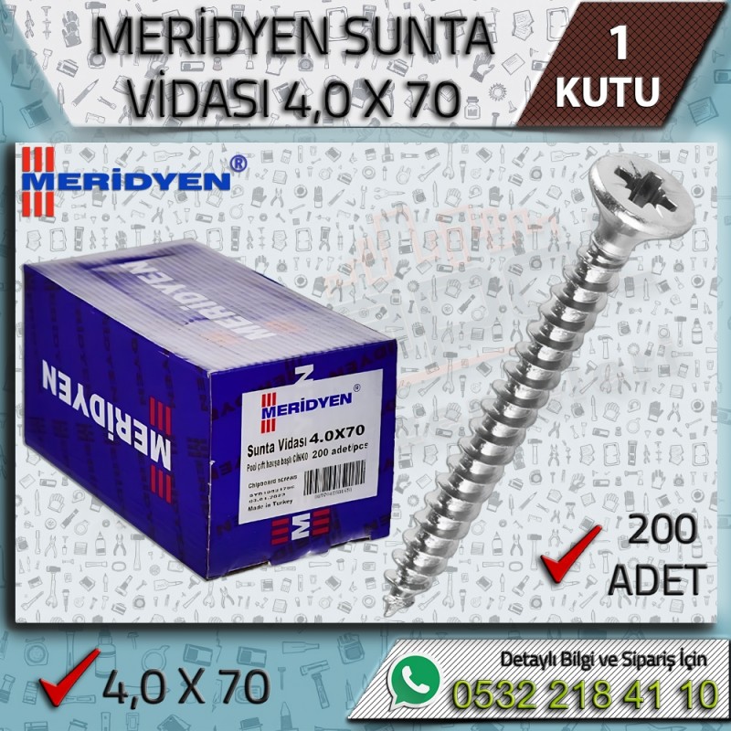 Meridyen 4,0x70 ahşap ve sunta vidası, 70mm uzunluk, 200 adet ekonomik paket