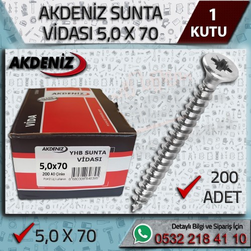 Akdeniz 5,0x70 Ağır Hizmet Sunta Vidası (200 Adet)