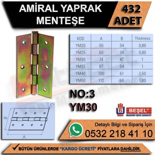 Beşel Amiral Yaprak Menteşe No:3 (432 Adet)