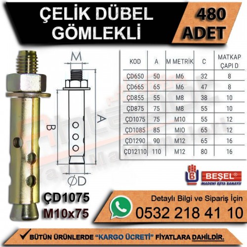 Beşel Çelik Dübel Gömlekli M10x75 (480 Adet)