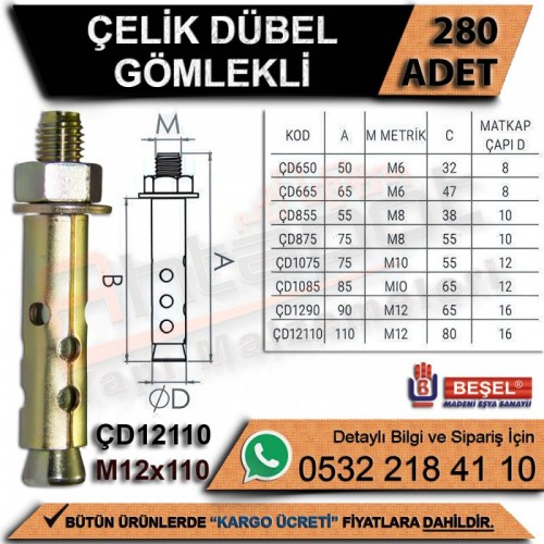 Beşel Çelik Dübel Gömlekli M12x110 (280 Adet)