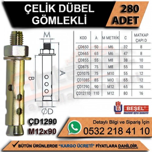 Beşel Çelik Dübel Gömlekli M12x90 (280 Adet)