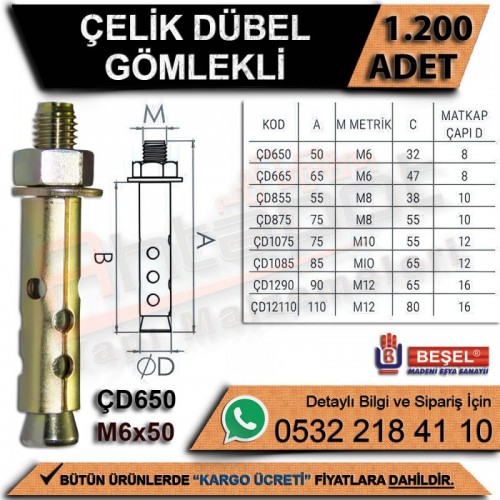 Beşel Çelik Dübel Gömlekli M6x50 (1200 Adet)