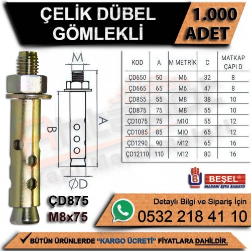Beşel Çelik Dübel Gömlekli M8x75 (1000 Adet)