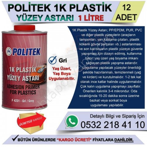 Politek 1K Plastik Yüzey Astarı 1 Lt (12 Adet)
