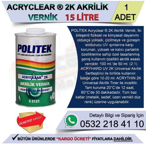 Politek Acryclear 2K Akrilik Vernik 15 Lt (1 Adet)