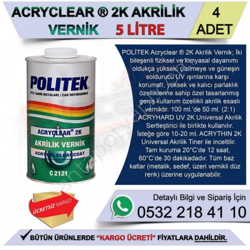 Politek Acryclear 2K Akrilik Vernik 5 Lt (4 Adet)