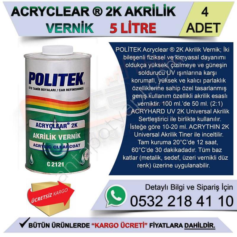 Politek Acryclear 2K Akrilik Vernik 5 Lt (4 Adet) - Oto Vernik