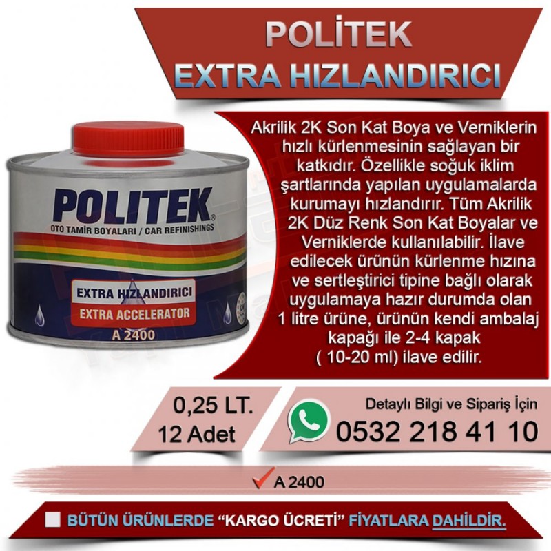 Politek Extra Hızlandırıcı 0,25 Lt (12 Adet) - Boya Malzemeleri