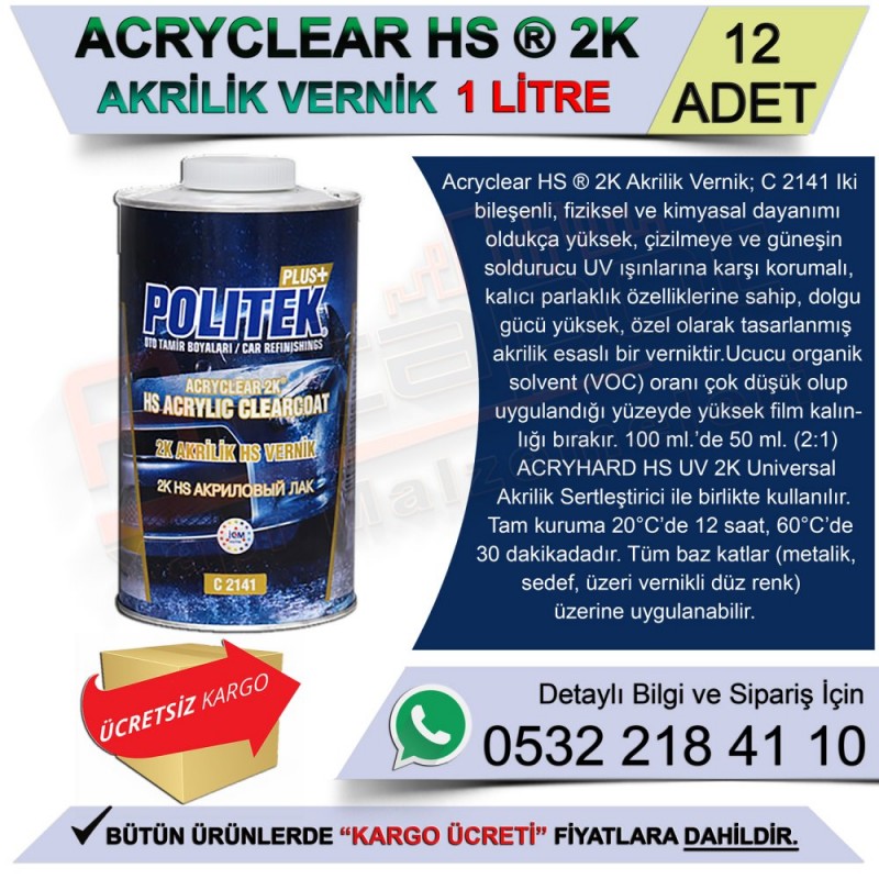 Politek Plus+ Acryclear Hs 2K Akrilik Vernik 1 Lt (12 Adet) - Oto Vernik