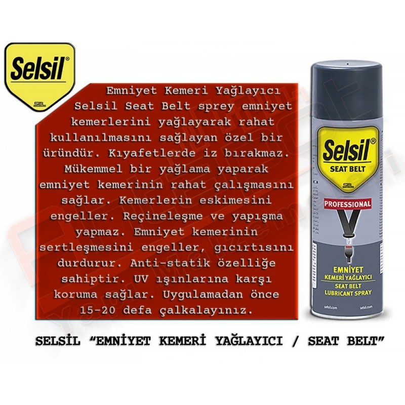  Selsil emniyet kemeri yağlayıcı spreyi 200 ml 36 adet, silikon bazlı lubrikant ile araç güvenlik kemeri ve tekstil yüzeylerde sürtünme yapışma aşınma önleyen koruyucu toptan endüstriyel sprey paket