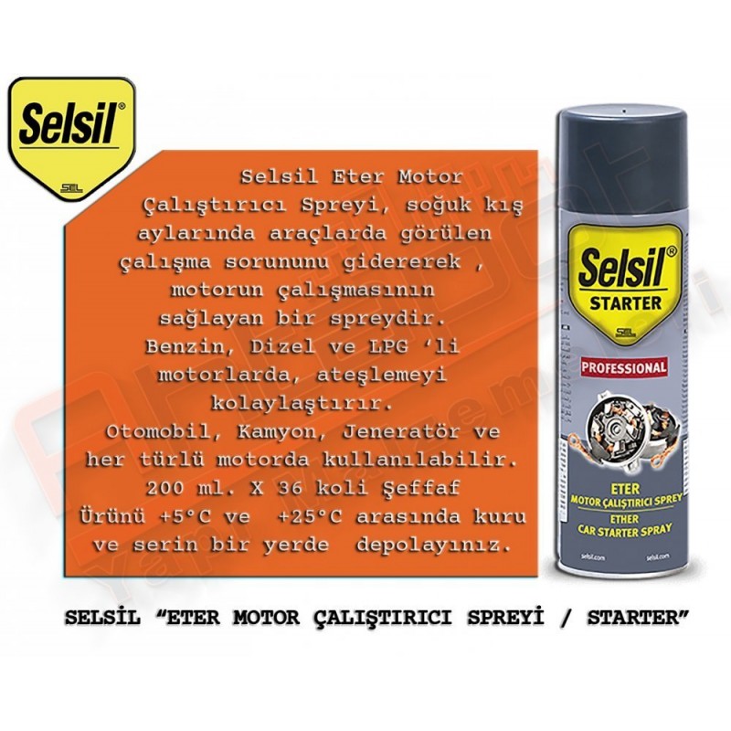  Selsil eter sprey starter 200 ml 36 adet, etkili ateşleme sağlayan eter bazlı starter sprey ile soğuk havalarda araç motoru motosiklet ve makine çalıştırmasında kolaylık sunan toptan endüstriyel sprey paket