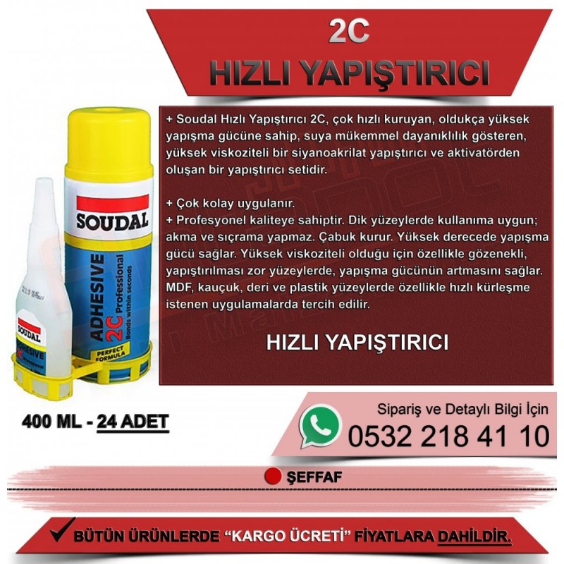 SOUDAL marka 400 ml 2C hızlı yapıştırıcı 24'lü toptan ekonomik paket