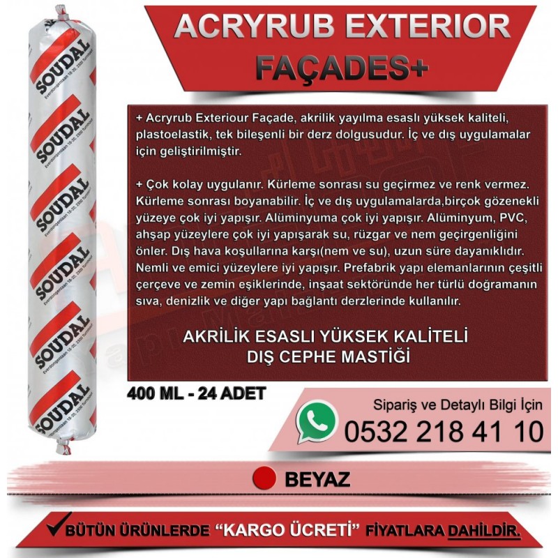 SOUDAL Acryrub Exterior Beyaz Dış Cephe Mastiği (400ml, 24 Adet)