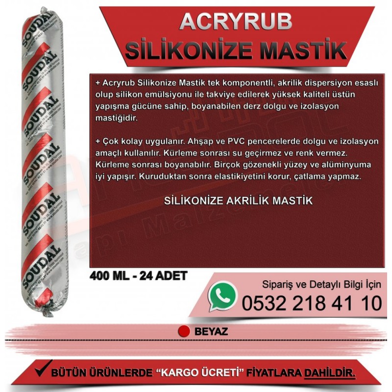 SOUDAL Acryrub Silikonize Mastik (Beyaz, 400ml Sosis, 24 Adet)