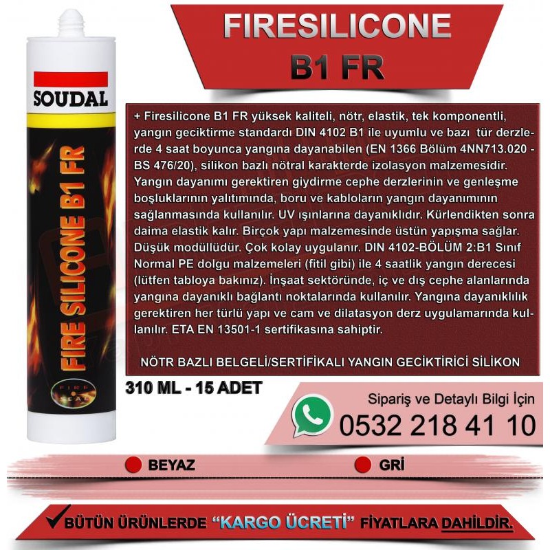 SOUDAL Firesilicone B1 FR Yangına Dayanıklı Silikon (Beyaz, 300ml) 15 Adet