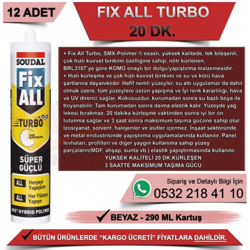SOUDAL Fix ALL Turbo Süper Hızlı Montaj Yapıştırıcısı (Beyaz, 290ml)