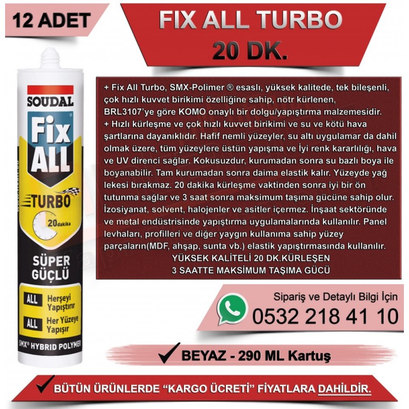  SOUDAL Fix All Turbo süper hızlı beyaz montaj yapıştırıcısı 290ml, anında tutuşlu inşaat ve tadilat için