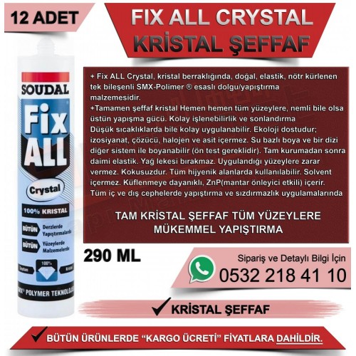 SOUDAL Fix All Crystal Çok Amaçlı Saydam Yapıştırıcı Şeffaf 290ml (12 Adet)