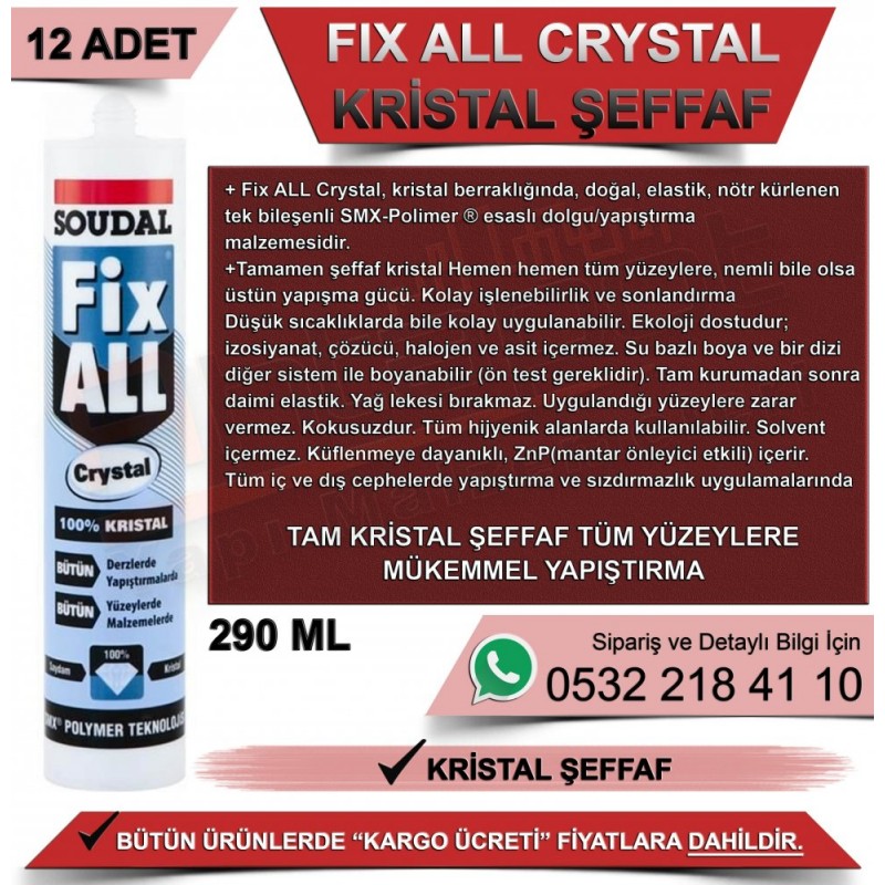  SOUDAL Fix All Crystal şeffaf yapıştırıcı 290ml tüp 12 adet toptan, çok amaçlı dekoratif yapıştırma için