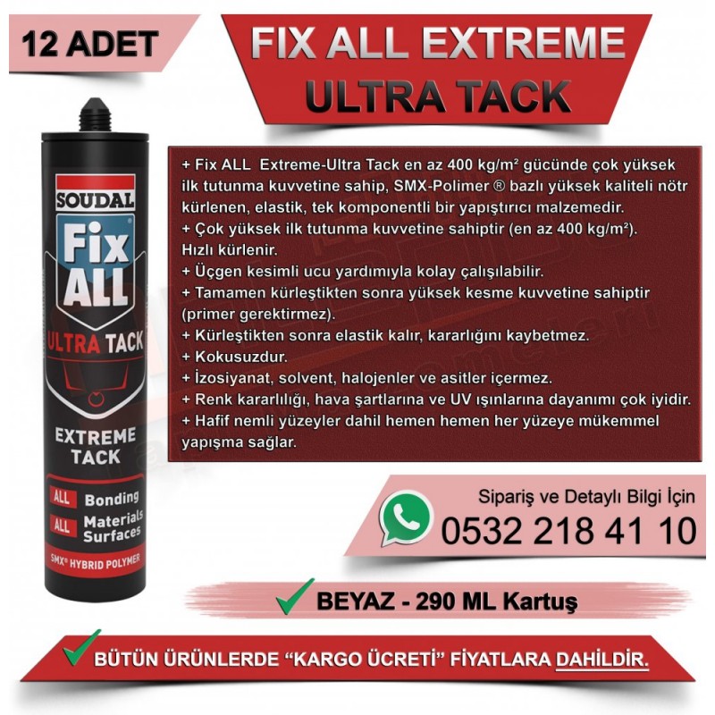 SOUDAL Fix All Extreme-Ultra Tack Beyaz Yapıştırıcı (290ml, 12 Adet)