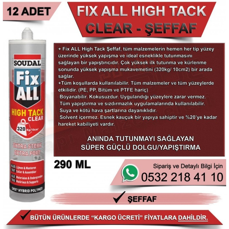 SOUDAL Fix All High Tack Şeffaf Yapıştırıcı (290ml, 12 Adet)