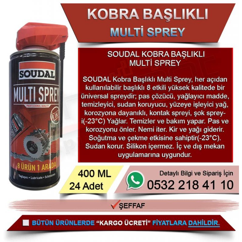 SOUDAL Kobra Başlıklı Multi Sprey (Şeffaf, 400ml, 24 Adet)
