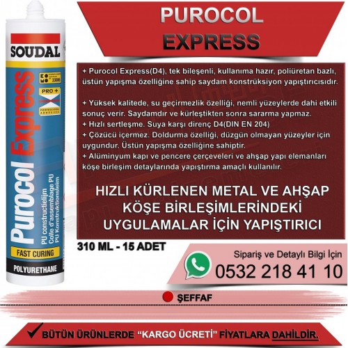 SOUDAL Purocol Express D4 Hızlı Ahşap Yapıştırıcı Şeffaf 310ml (15 Adet)