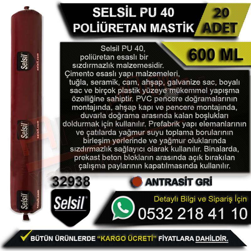 Selsil PU 40 Poliüretan Sosis Mastik 600 Ml Antrasit Gri (20 Adet) - Mastik Çeşitleri