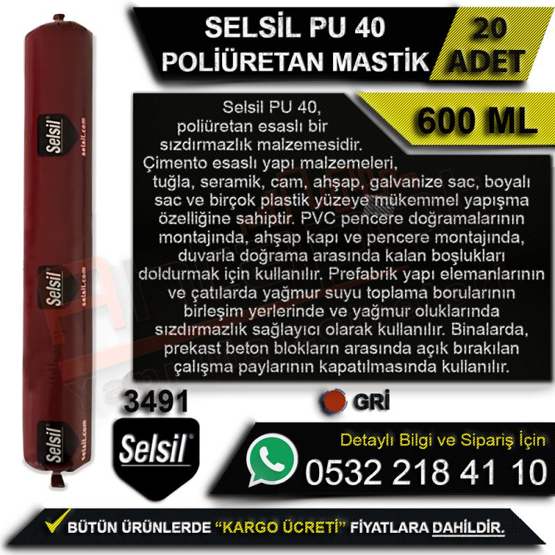 Selsil PU 40 Poliüretan Sosis Mastik 600 Ml Gri (20 Adet) - Mastik Çeşitleri
