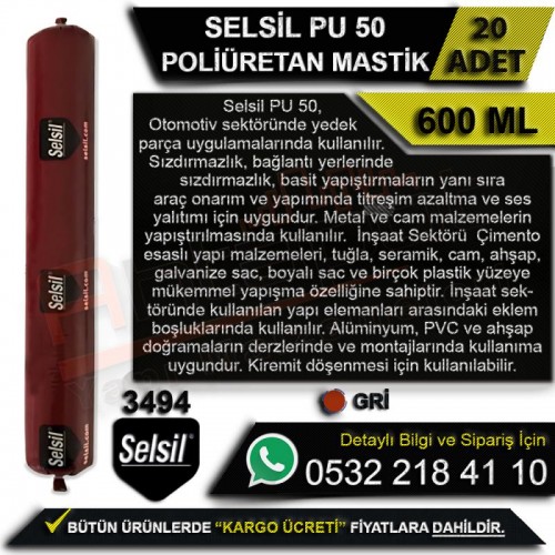 Selsil PU 50 Poliüretan Sosis Mastik 600 Ml Gri (20 Adet)