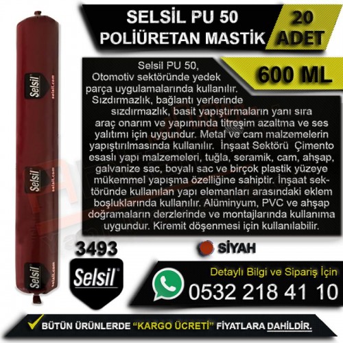 Selsil PU 50 Poliüretan Sosis Mastik 600 Ml Siyah (20 Adet)