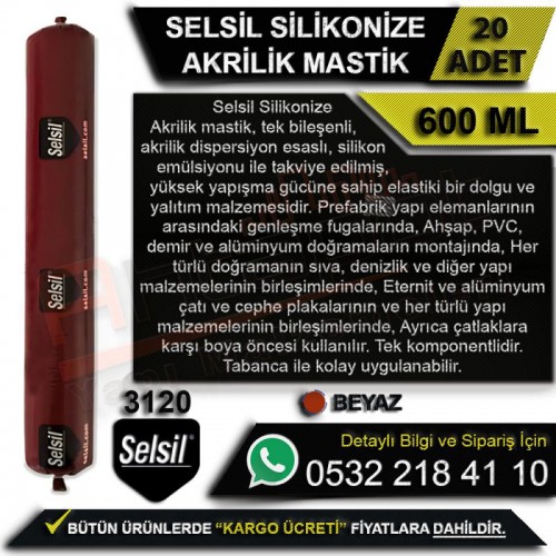 Selsil Silikonize Akrilik Mastik 600 Ml Beyaz (20 Adet)