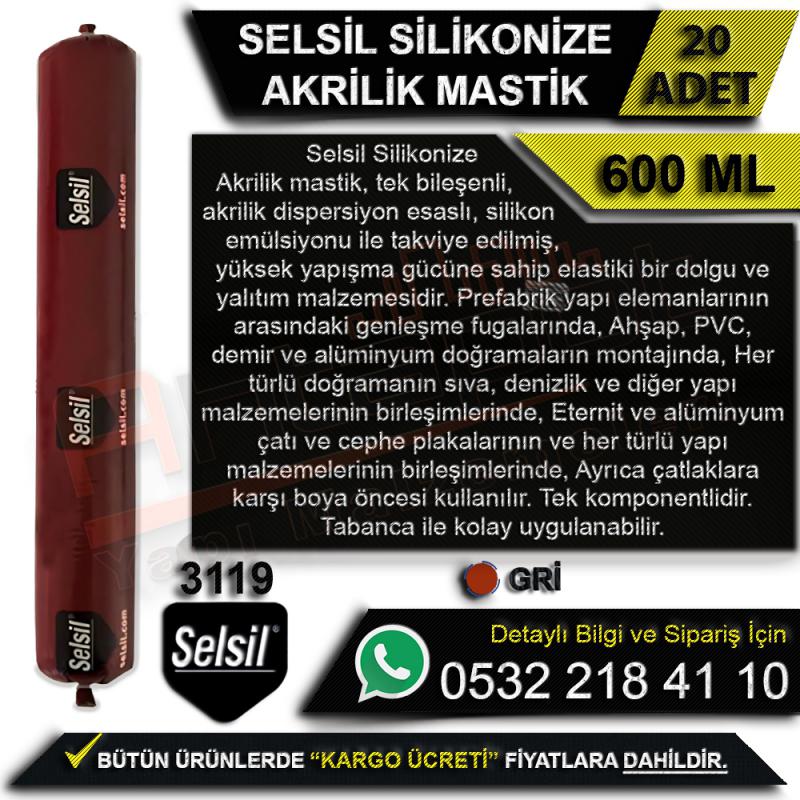 Selsil Silikonize Akrilik Mastik 600 Ml Gri (20 Adet) - Mastik Çeşitleri
