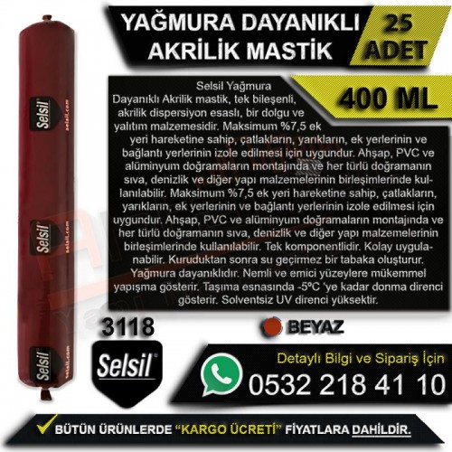 Selsil Yağmura Dayanıklı Akrilik Sosis Mastik Beyaz 400 Ml (25 Adet)