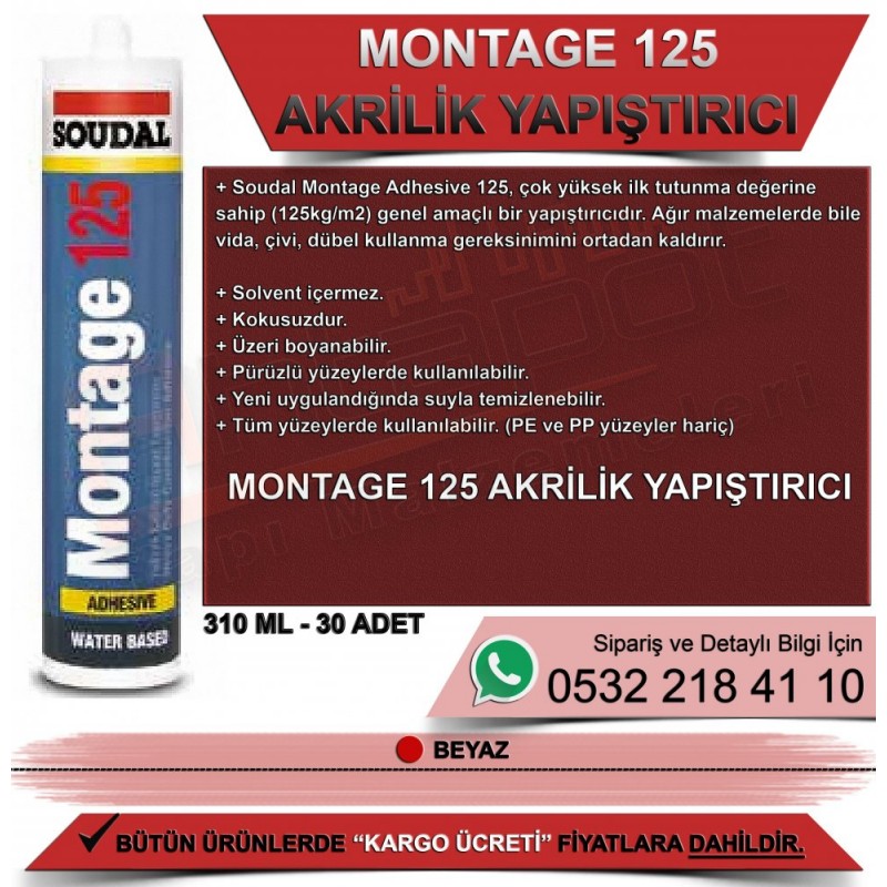 Soudal Montage 125 Akrilik Yapıştırıcı Beyaz (310ML, 30 Adet)