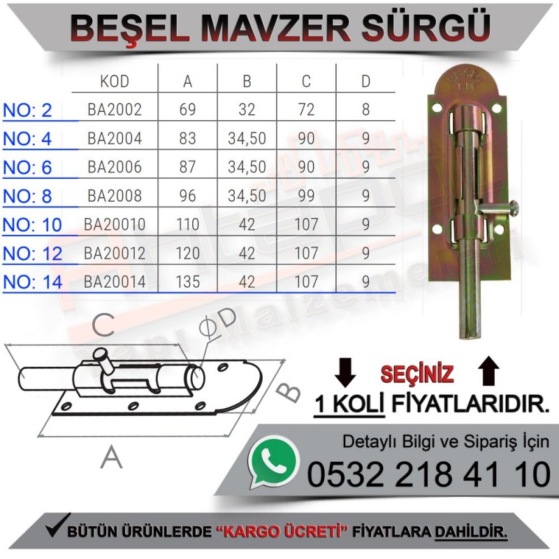 Beşel BA20012 Mavzer Sürgü No:12 (240 Adet) - Kapı ve Pencere Sürgüleri