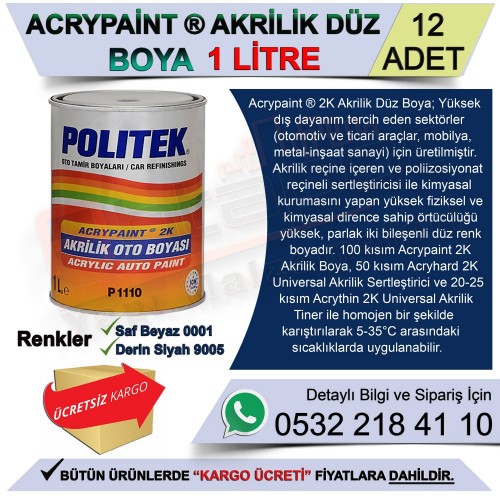 Politek Acrypaınt 2K Akrilik Boya 1 Lt Derin Siyah (12 Adet)