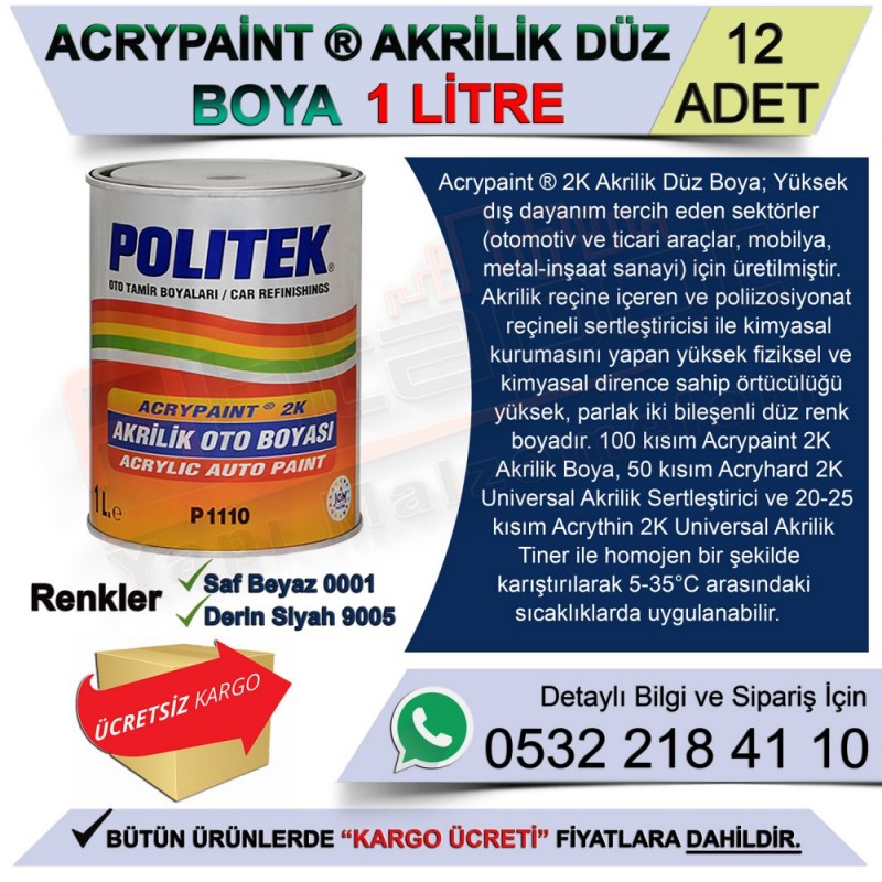 Politek Acrypaınt 2K Akrilik Boya 1 Lt Saf Beyaz (12 Adet) - Boya Malzemeleri