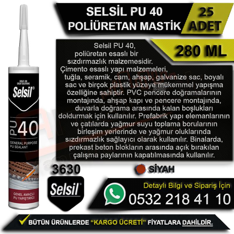Selsil PU 40 Poliüretan Mastik 280 ML Siyah (25 Adet) - Mastik Çeşitleri