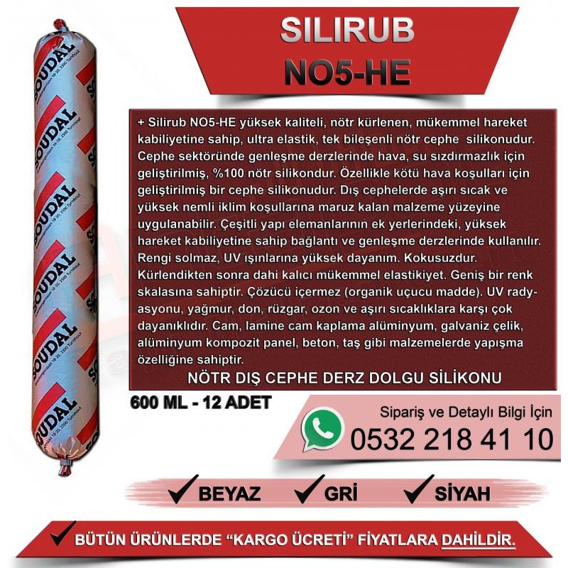 SOUDAL Silirub No5 Nötr İnşaat Silikonu (Beyaz, 600ml, 12 Adet)