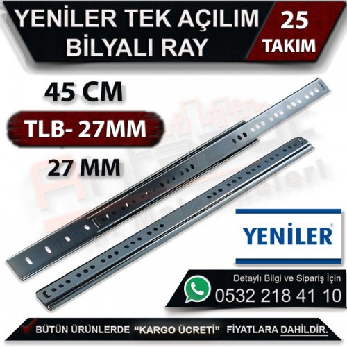 Yeniler 27 Mm Tek Açılım Bilyalı Ray 45 Cm (25 Takım)